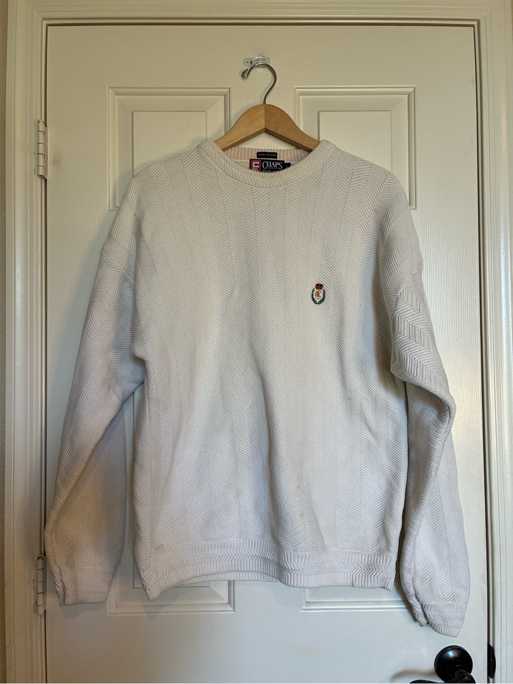 Chaps Ralph Lauren Men's Cream Crewneck Sweater with Embroidered Crest